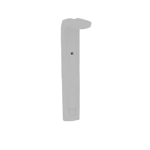 A 3D render of a minimalist, light gray L-shaped shelf bracket against a black background.