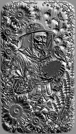 3D model of a beekeeper bas-relief in engraving style, surrounded by flowers and insects