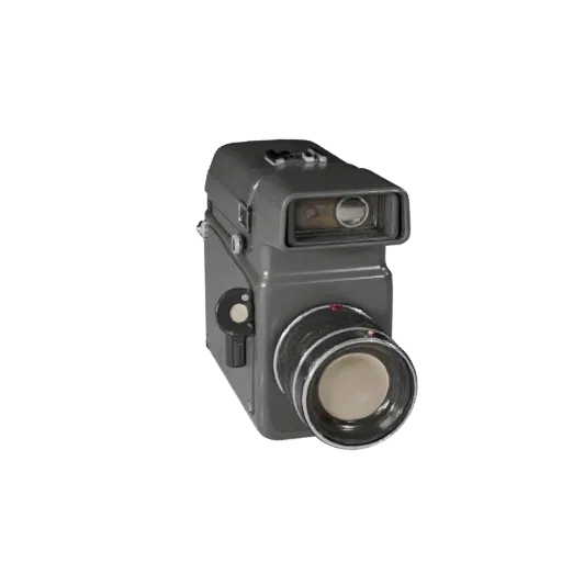 Vintage Video Camera Realistic 3D model, three-quarter studio render, showing textured grips, lens barrels.