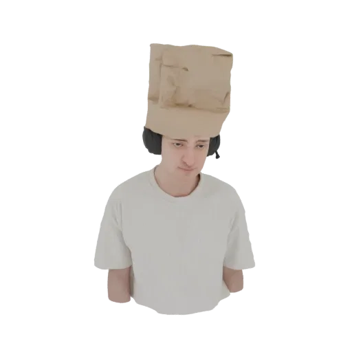 Modelo 3D de um jovem usando um saco de papel marrom como chapéu e fones de ouvido pretos, olhando ligeiramente para baixo.