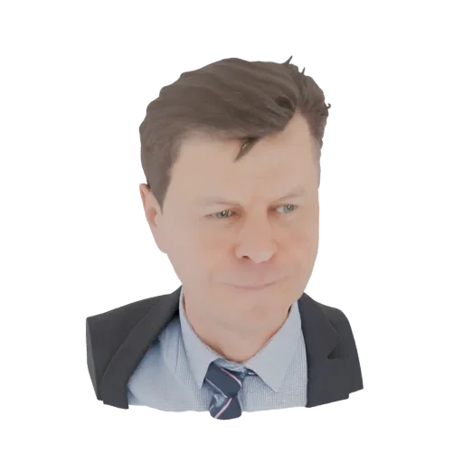 3D model render of a man wearing a dark suit jacket, a light blue collared shirt, and a striped tie, with a neutral expressio