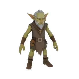 3D-Modell eines mürrischen alten Goblin-Kriegers mit weißem Bart, trägt eine zerrissene Tunika und Lederaccessoires, steht mi