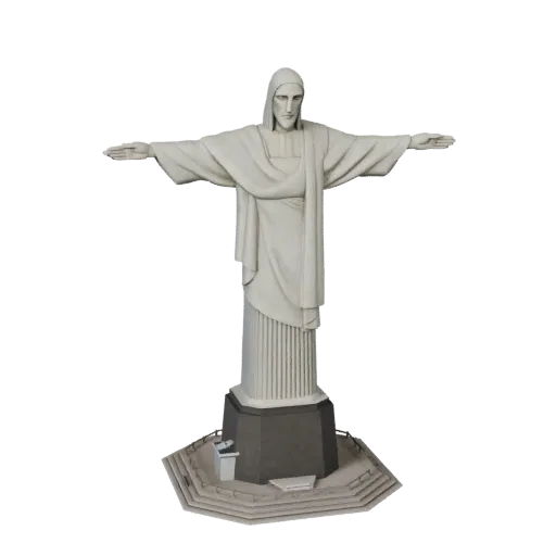 Cristo Redentor modelo 3D estilizado, vista isométrica de ambiente de jogo estilizado, mostrando materiais da estrutura do ma