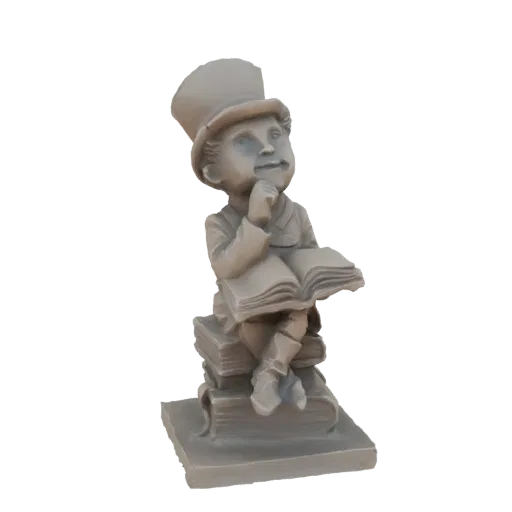 3D model of a boy in a top hat reading a book while sitting on a stack of books, rendered in a neutral gray material.