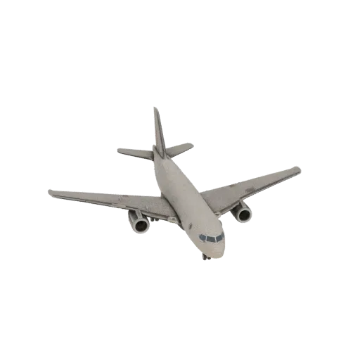 3D model of a passenger airplane in gray, front and top view, on a white background