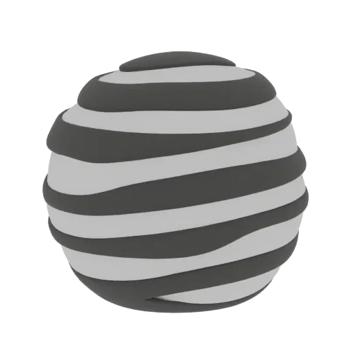 A 3D render of a sphere with swirling grey and white stripes against a black background.