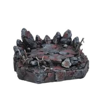 3D-Modell einer Grimdark-Ruinenaltar-Diorama-Basis mit rissigem Stein, verstreuten Knochen und roten Akzenten, mit einem mark