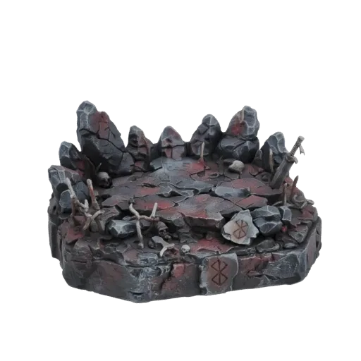 3D model of a grimdark ruined altar diorama base with cracked stone, scattered bones, and red accents, featuring a prominent