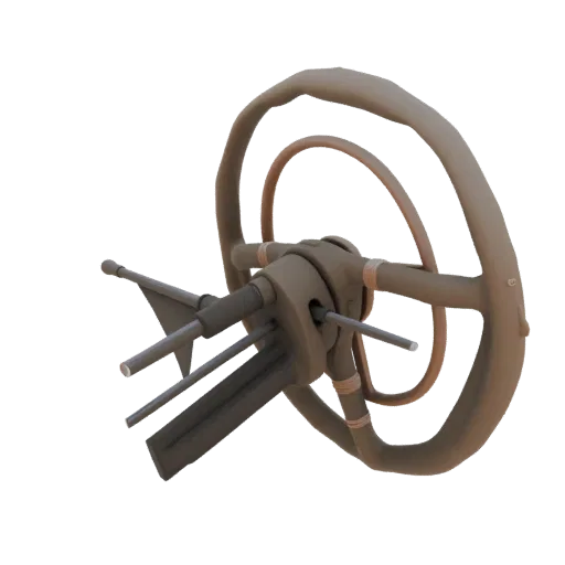 Modello 3D di un volante futuristico con mozzo complesso e bordo stratificato, renderizzato su sfondo bianco.