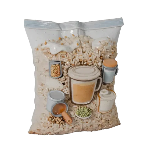Pantry Rice Sack Realistic 3D model, three-quarter studio render, showing powders, small ingredient shapes.