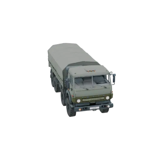 3D model of a green, multi-axle military truck with a grey tarp covering its cargo bed, shown from a high-angle perspective.