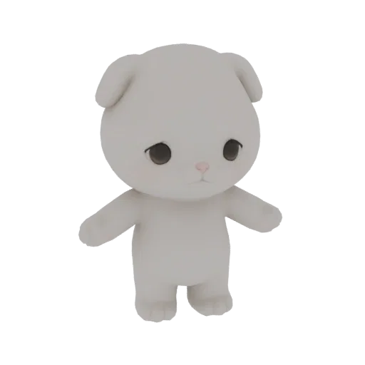 A 3D render of a cute, light gray puppy with large, sad eyes and floppy ears, standing with its arms slightly out.