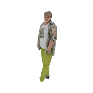 3D model of a woman wearing a patterned shirt, green pants, and a cap, standing and looking to the side.