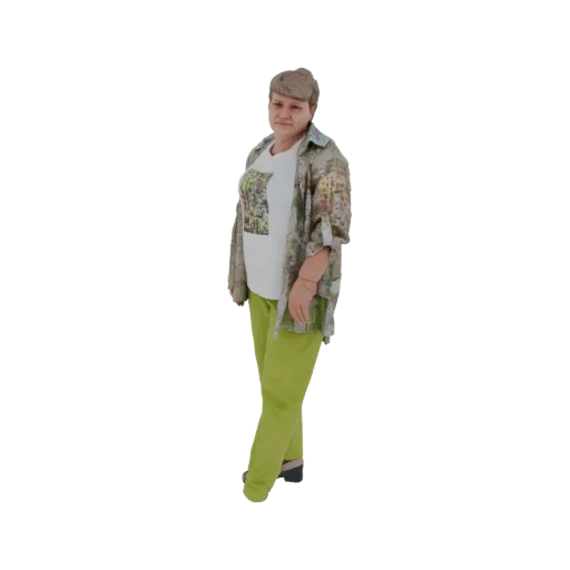 3D-Modell einer Frau, die ein gemustertes Hemd, eine grüne Hose und eine Kappe trägt, steht und zur Seite blickt.