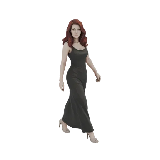 Modello 3D di una donna con lunghi capelli rossi, che indossa un lungo abito nero aderente e tacchi alti, camminando con graz