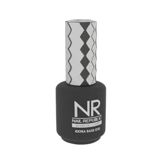 3D model of a Nail Republic Extra Bass Gel bottle with a matte black finish and a textured silver cap, set against a white ba