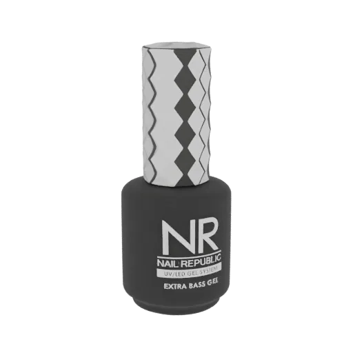 3D-Modell einer Nail Republic Extra Bass Gel Flasche mit matter schwarzer Oberfläche und texturiertem silbernem Deckel, vor w