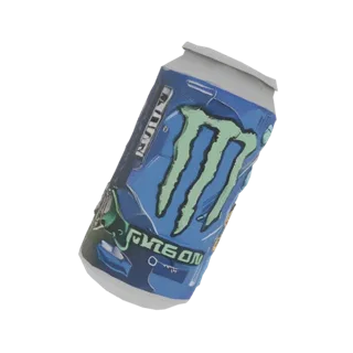 3D model of Monster Energy "Neon" energy drink can in cyberpunk style, with neon elements on a blue background.