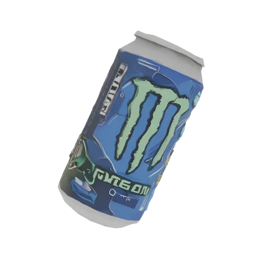 3D model of Monster Energy "Neon" energy drink can in cyberpunk style, with neon elements on a blue background.