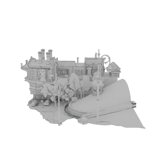 3D model of a stylized European town square with a factory, gazebo, and trees, presented on a black background.