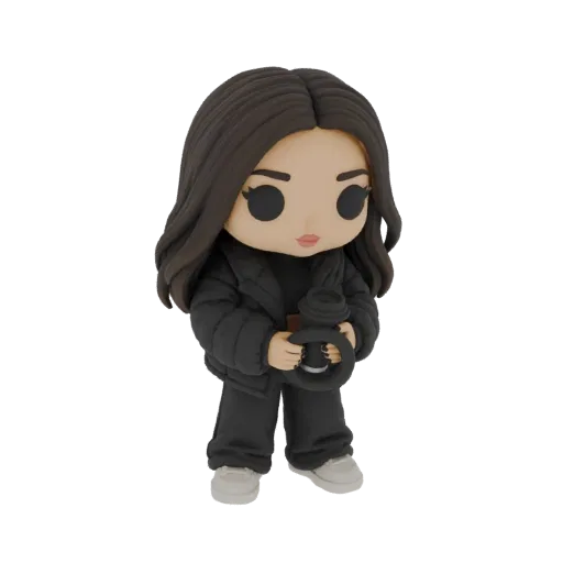3D model of a stylized girl in a black puffer jacket and sweatpants, holding a coffee cup, in the style of a Funko Pop collec