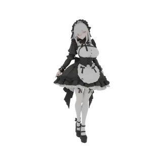 Modelo 3D de uma garota anime com um traje de empregada doméstica preto e branco, em pé com uma leve pose.