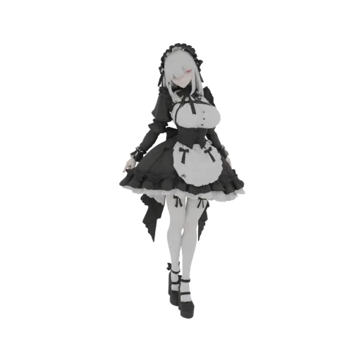 Modello 3D di una ragazza anime con un abito da cameriera bianco e nero, in piedi con una leggera posa.