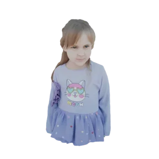 3D model of a young girl with blonde hair, wearing a purple t-shirt with a cat graphic and heart sunglasses, looking to the s