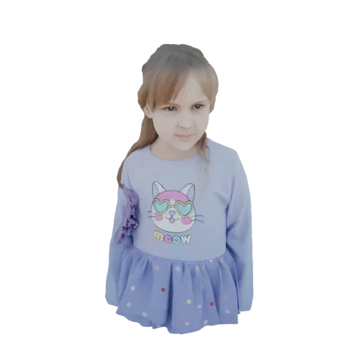 3D-Modell eines jungen Mädchens mit blonden Haaren, trägt ein lila T-Shirt mit Katzen-Aufdruck und herzförmiger Sonnenbrille,