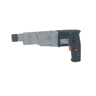Vista lateral de un modelo 3D de taladro percutor rotativo industrial gris oscuro y gris claro con gatillo naranja.