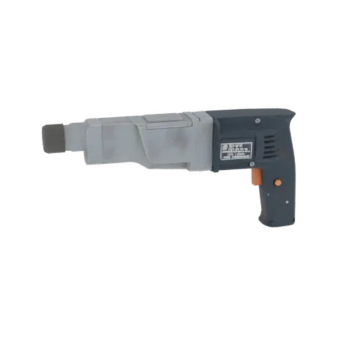 Side view of a 3D model of a dark gray and light gray industrial rotary hammer drill with an orange trigger.