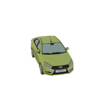 Modello 3D di un'auto berlina verde lime con targhetta 'VESTA', vista da un'angolazione anteriore sinistra leggermente rialza