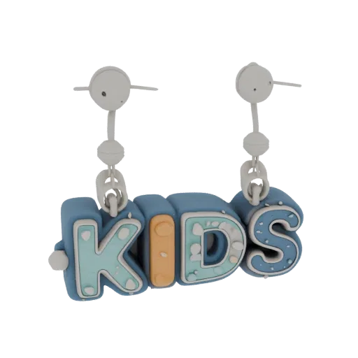3D model of "KIDS" letters in blue tones with white trim, suspended on a decorative mount