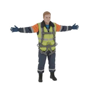 Modelo 3D de um trabalhador da construção masculino com colete amarelo de alta visibilidade e arnês de segurança cinza, com o