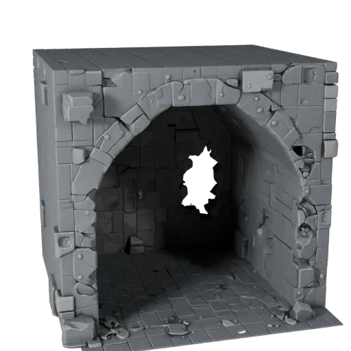 Catacomb Room Tile Low Poly 3D model, game viewport three-quarter view, showing aged stone, built remnants.