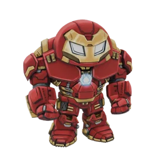 Render de modelo 3D de una armadura Hulkbuster estilo chibi, con cuerpo redondeado, armadura roja y dorada, y un reactor bril
