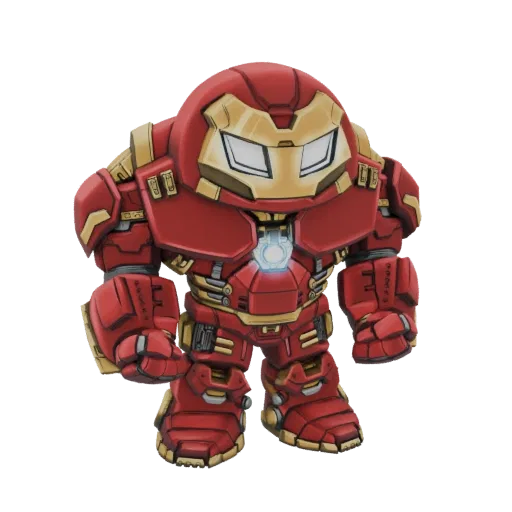 Rendu 3D d'une armure Hulkbuster style chibi, avec un corps arrondi, un blindage rouge et or, et un réacteur de poitrine lumi