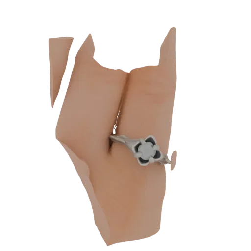 A 3D render of an elegant silver ring with a floral-inspired setting and a central gemstone, presented on a neutral backgroun