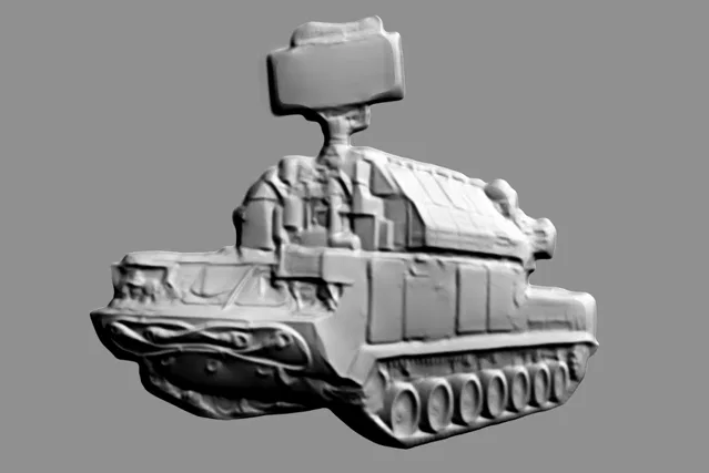 3D-Basrelief des Selbstfahrgeschützes TOS-1A Solntsepek auf grauem Hintergrund