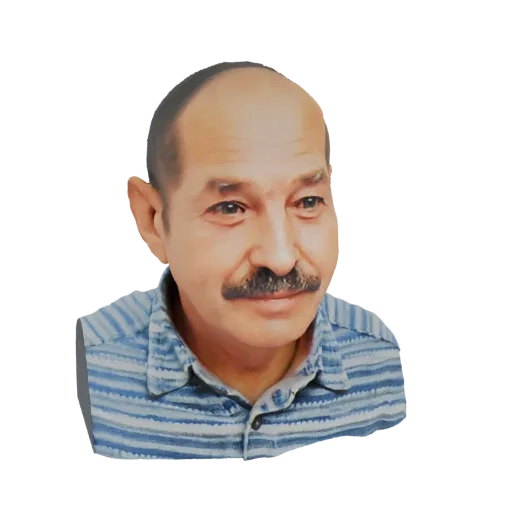 3D model render of a middle-aged man's bust with a mustache, wearing a blue striped shirt.