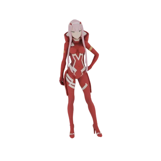 3D model of Zero Two from Darling in the Franxx, wearing her red pilot suit and striking a confident pose.