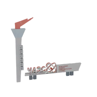 Modèle 3D d'une torche Komsomol soviétique avec une flamme, à côté d'un panneau avec du texte cyrillique et l'emblème Komsomo
