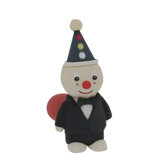 3D model of a clay-style clown wearing a black tuxedo and a party hat, holding a red balloon.
