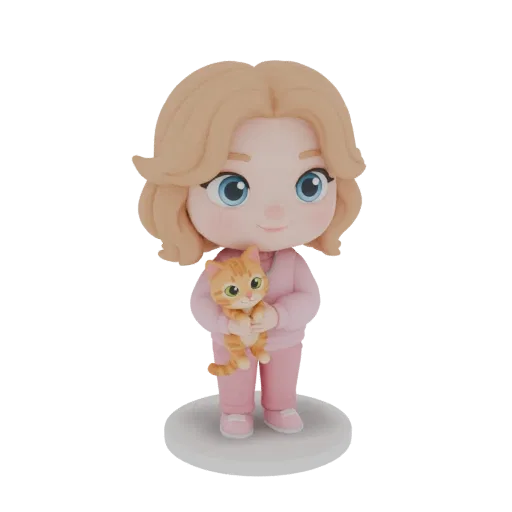 Rendering modello 3D di una carina bambina chibi con capelli biondi e occhi azzurri, in pigiama rosa, che tiene un gatto ross