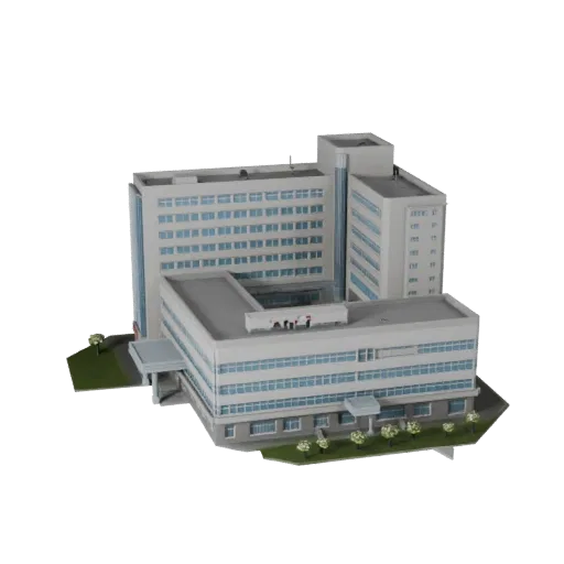 Hospital Building low poly 3D model, game-ready exterior view, showing public building materials and architectural detail