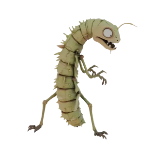 3D model of a green stick insect monster with big white eyes and a wide smile, standing on thin legs.