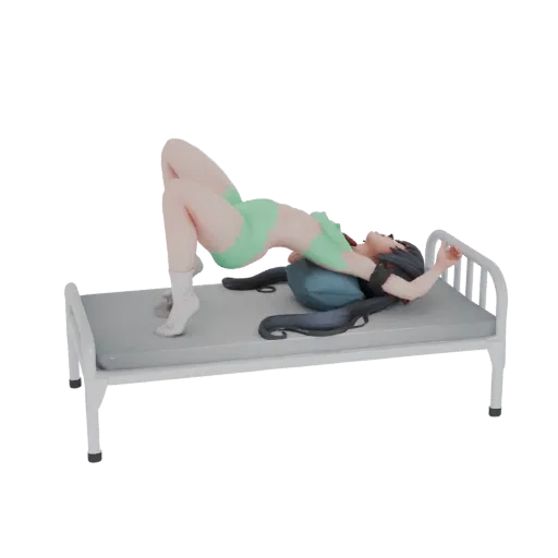 3D model of an anime girl in a bridge yoga pose on a bed, with her body arched and head resting on a pillow.
