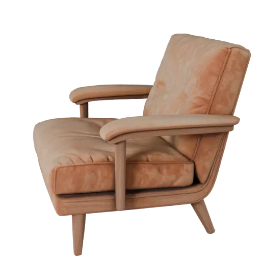Velvet Lounge Chair Realistic 3D model, home interior, three-quarter studio render, wood detail.