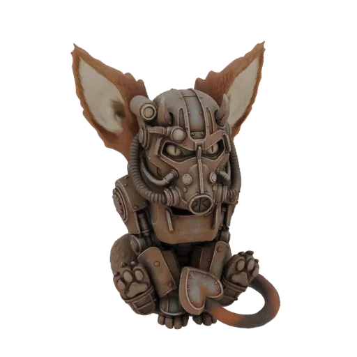 3D model of a fennec fox wearing detailed, weathered power armor, with large ears and a determined expression.