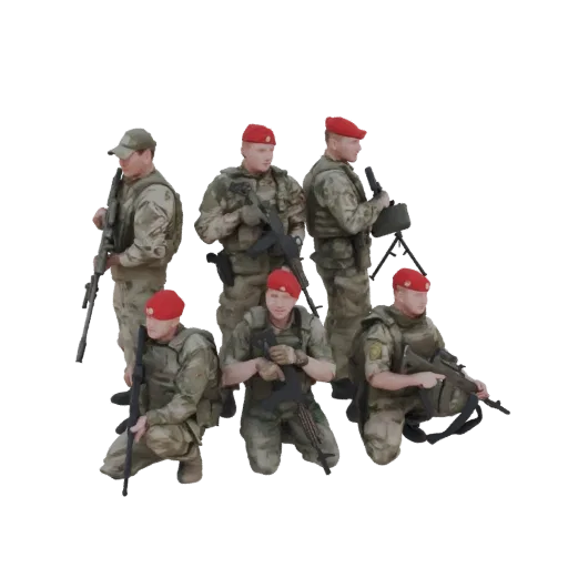 3D model of a modern soldier squad with rifles and a machine gun, posed in a tactical formation.